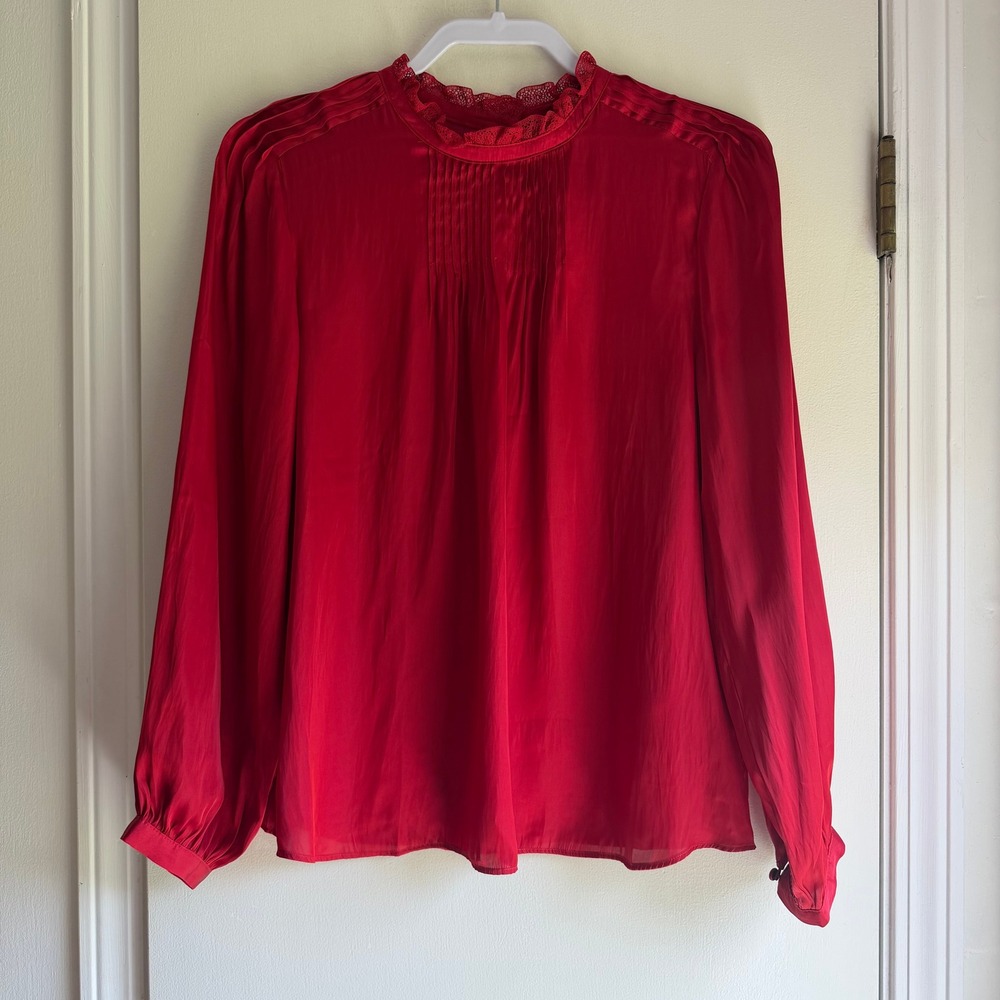 J.Crew Womens Pintuck Satin Blouse Red Lace Trim High Neck BL041 Size M
